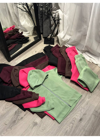 Темно-коричневий демісезонний костюм трендовий теплий штани палаццо та кофта на блискавці з капюшоном,трьохнитка на флісі Україна