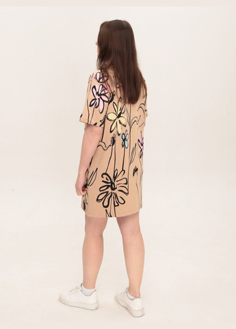 Бежевое повседневный платье-футболка женское бежевое с цветами X-trap с цветочным принтом