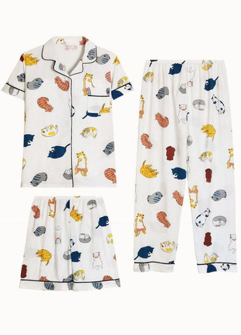 Белая всесезон женская пижама с принтом котята штанишки рубашка и шортики в наборе разноцветная рубашка + шорты + брюки No Brand Піжамний комплект Котенята