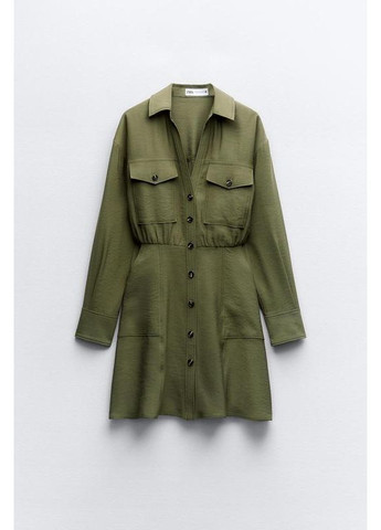 Оливковое (хаки) платье-рубашка мини длиной и длинным рукавом Zara