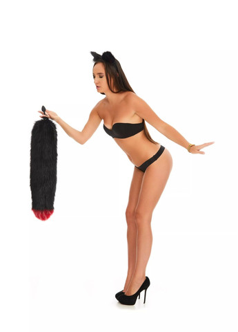 Анальный меховой пушистый хвост без пробки, Черный с темно-красным кончиком, 60 см. OKOVA (315148882)