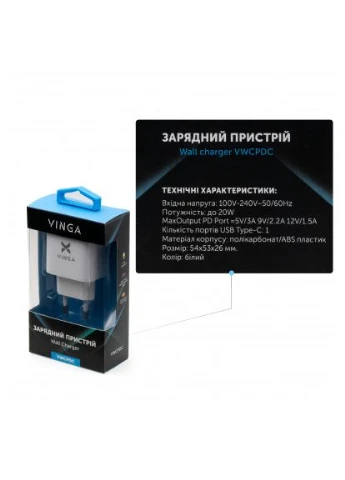 Зарядний пристрій PD Type-C 20W Charger white (VWCPDC) Vinga (396876067)