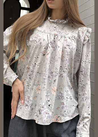 Сіра жіноча сіра блуза з рюшами та широкими рукавами (ll205915962) LadyLike