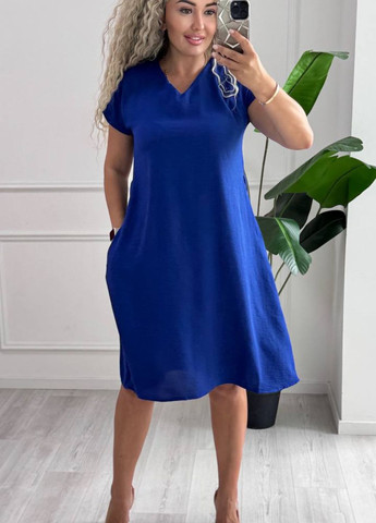 Синее повседневный изысканное легкое летнее платье меди с поясом и короткими рукавами а-силуэт Allthings однотонное