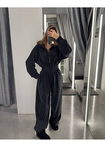 Женский велюровый комбинезон Україна однотонный графитовый кэжуал велюр