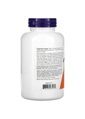 Порошок из корня коньяка Glucomannan, 227 грамм для работы кишечника Now (326051498)