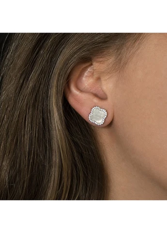 Сережки-пусети «Конюшина» з перламутром, срібло 925, родій, гвоздики з камінням No Brand (393649551)