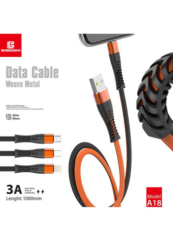 Кабель A18 USB - Lightning 1m 3A black - orange Biboshi (322818986)