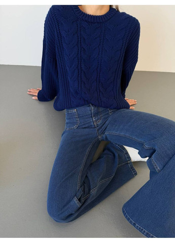 Синій демісезонний жіночий в'язаний светр оверсайз з візерунком MonCher