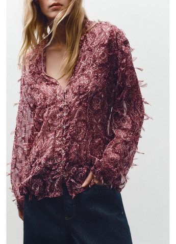 Бордова сорочка із принтом та бахромою Zara