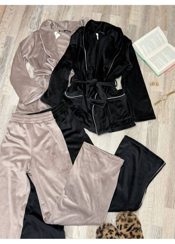 Бежевая всесезон пижама 0593 домашний костюм велюр мех с кантом, рубашка на поясе и брюки Україна