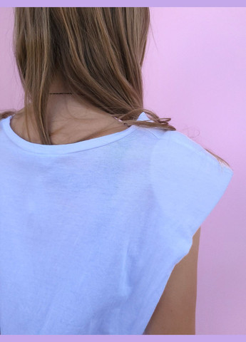 Белая летняя футболка женская укороченная без рукав с подплечниками Pink Woman