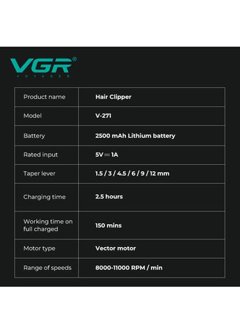 Машинка для стриження акумуляторна V-271 8000-11000 RPM LED дисплей (6 насадок) VGR (363059193)