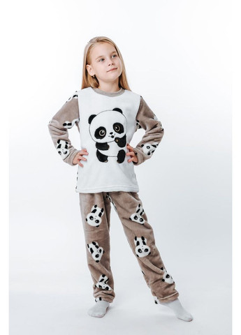 Кавова всесезон дитяча піжама для хлопчика та дівчинки велсофт кавова з ведмежам-пандою костюм домашній тепла кофта та штани кофта + брюки V&V