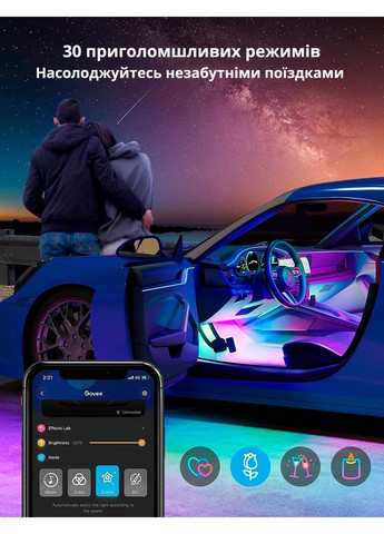 Светодиодная LED подсветка RGBIC, подсветка салона в автомобиле от прикуривателя, Bluetooth Govee (371763898)
