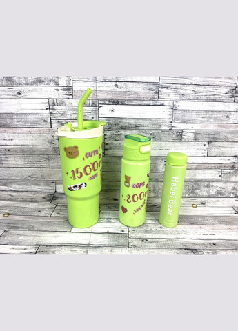 Большая кружка с ручкой и трубочкой + спортивная бутылка с трубочкой + бутылка с крышкой набор 3 в 1 салатовый No Brand 3850 (314497236)