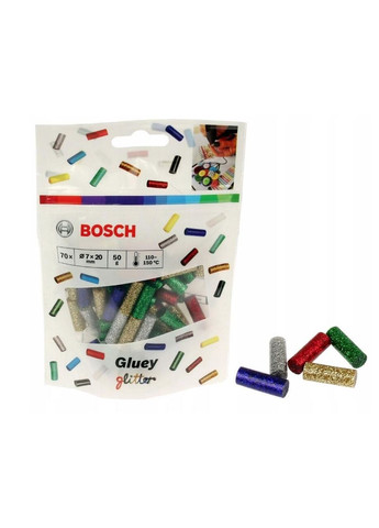 Клеевые стержни Gluey 2608002006 (7х20 мм, 70 шт) блестящие цветные для клеевых пистолетов (23358) Bosch (265535171)