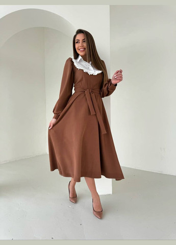 Коричневое кэжуал платье миди No Brand однотонное