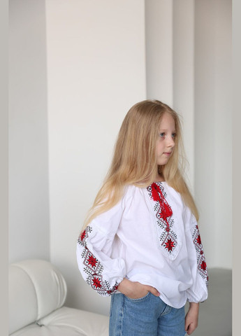 Белая вышиванка для девочки Piccolo узор геометрический (297060420)