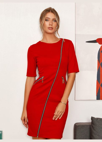 Червона ділова, кежуал, вечірня трикотажна сукня з діагональною блискавкою No Brand однотонна