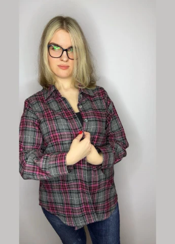 Сіра тепла вовняна подовжена жіноча сорочка оверсайз в малинову клітинку No Brand (313293451)