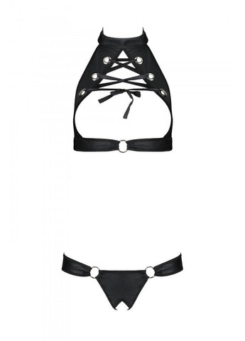 Черный демисезонный комплект из эко-кожи malwia set with open bra black: топ и трусики с люверсами Passion