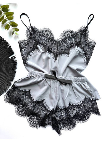 Сіра всесезон піжама з мереживом, комплект на подарунок майка + шорти Exclusive