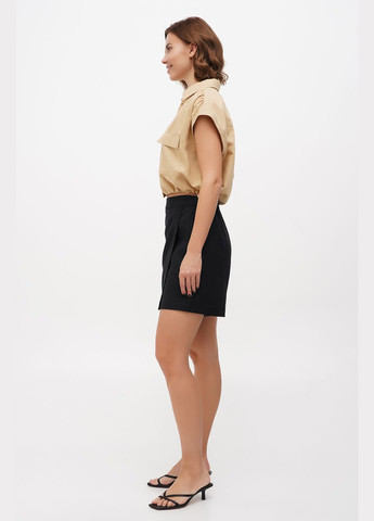 Женские короткие шорты-юбка льняные на резинке с карманами однотонные Тайм. Черный, р.48, код 8421/48/147 ГАЛЕРЕЯ ЛЬОНУ (333164635)