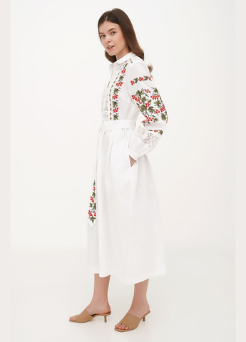 Білий святкова лляна сукня під пояс з мереживом та рослинним орнаментом калина., р., код 0459/54/999 ГАЛЕРЕЯ ЛЬОНУ
