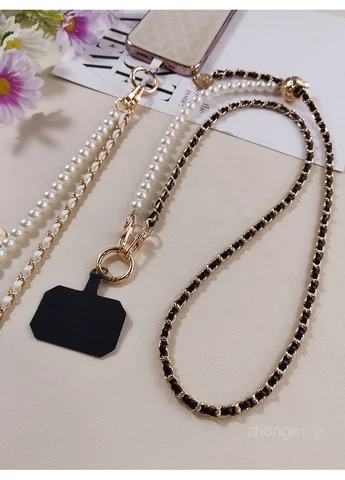 Регулируемая цепочка для телефона с искусственными жемчуг в стиле Chanel, декоративный шнурок-ремешок-держатель с золотом No Brand (392110668)