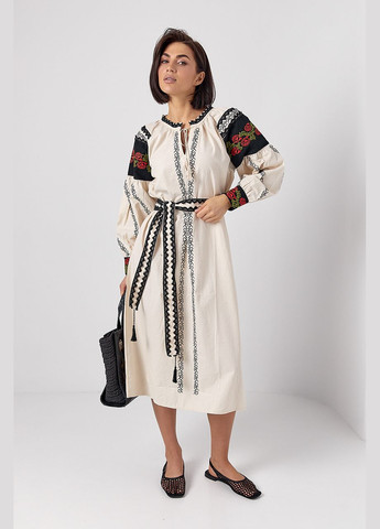 Бежевая женское платье миди с вышитыми розами - черный Lurex хлопок (324392644)