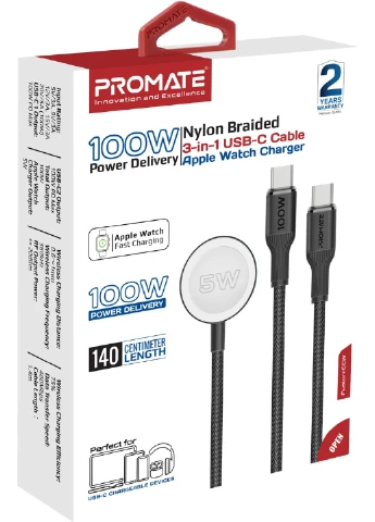 Кабель USB Type-C - 2хUSB Type-C 100W Apple Watch Charger 5W (M/M), 5A, 1.4м, Black (fusion-ccw.black) Promate (341487017)