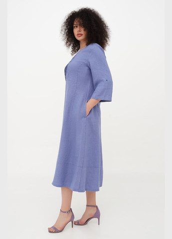 Блакитна лляна міді сукня для великих фігур зі складками однотонна індіра (plus size)., р., код 0456/56/998 ГАЛЕРЕЯ ЛЬОНУ