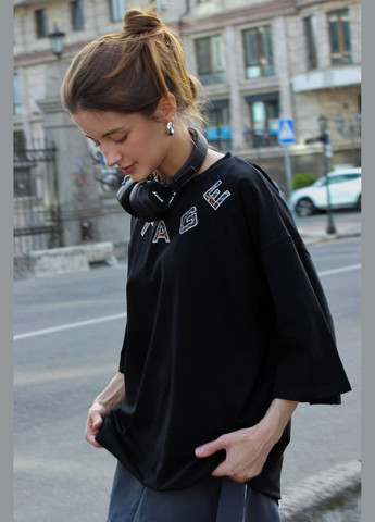 Черная летняя стильная чёрная футболка из турецкого кулира (100% хлопок) с накатом, однотонная оверсайз футболка 42-46 No Brand 867