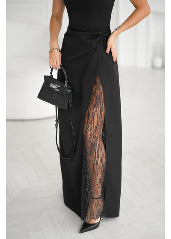 Черное праздничный, вечернее женское платье макси с высоким разрезом и кружевной вставкой на ноге MonCher