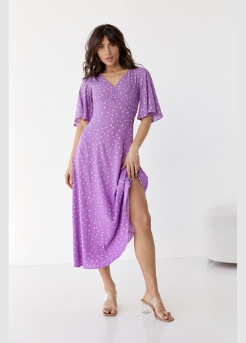Фиолетовое повседневный платье-миди с короткими расклешенными рукавами 6365 Lurex в горошек