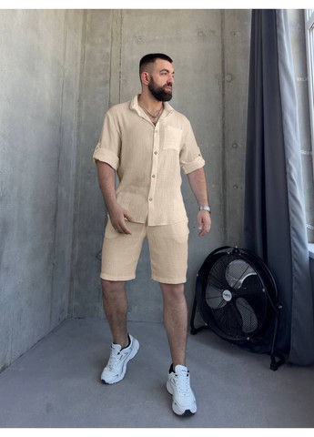 Бежевый летний мужской костюм с шортами, с рубашкой FINO Mode