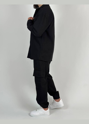 Чорний демісезонний стильний чорний костюм 2-ка з якісної тканини: джинс-бенгалін, трендовий костюм двійка (сорочка+штани) No Brand 403-2