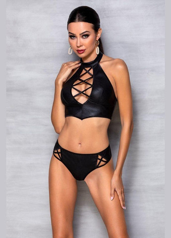 Чорний демісезонний комплект з еко-шкіри: бра і трусики з імітацією шнурівки nancy bikini black l/xl - Passion
