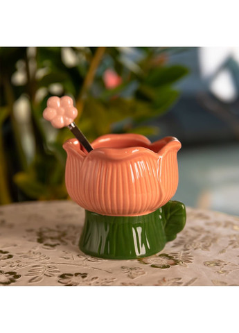 Чаша фарфоровая для мороженого в форме тюльпана с ложкой 300 мл, зеленая с розовым Yiwu FM-42GR No Brand (368641564)