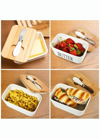 Маслянка керамічна 500 мл з бамбуковою кришкою та ножем для масла Біла Olens (349821201)