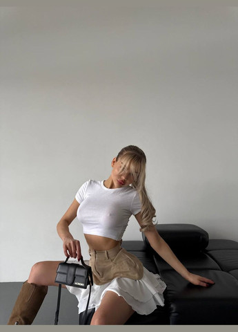 Бежева спідниця з імітацією баски та білим низом, з турецької тканини – стильний та елегантний варіант для модних образів No Brand 433-2 (317369312)