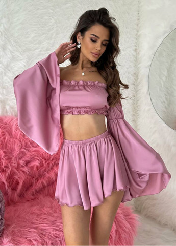 Пудровий літній ніжний домашній комплект двійка: топ з відкритими плечима та довгими пишними рукавами + шорти Tik-Tak