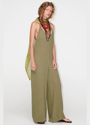 Комбинезон женский хаки из рами Zara комбинезон-брюки повседневный, пляжный хлопок, рами