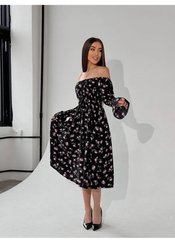 Рожева cукня міді з принтом біла квітка на зеленому No Brand