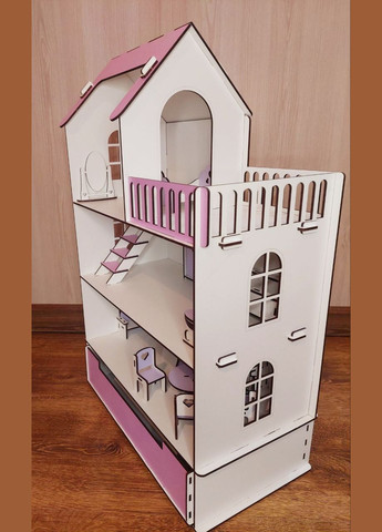 Деревянный безопасный сборный кукольный домик "Яркий" для кукол на три этажа с террасой и выдвижным ящичком No Brand (305076699)