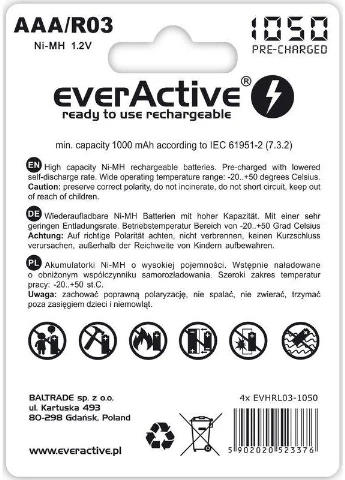 Акумулятор AAA/HR03 Ni-MH 1050mAh BL 4шт everActive (370976773)