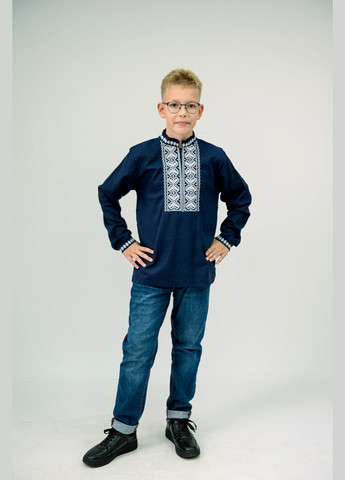 Тёмно-синяя детская льняная вышиванка для мальчика – синяя рубашка с белым орнаментом узор орнамент лен (313453362)