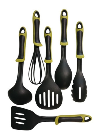 Набор кухонных принадлежностей универсальный 6 предметов с подставкой лопатка, венчик, шумовка, половник Черно-Зеленый No Brand (336517424)