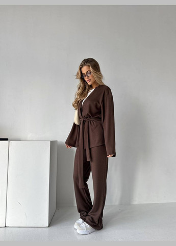 Женский серый брючный костюм: кофта кимоно с поясом и брюки палаццо коричневый No Brand (322927917)